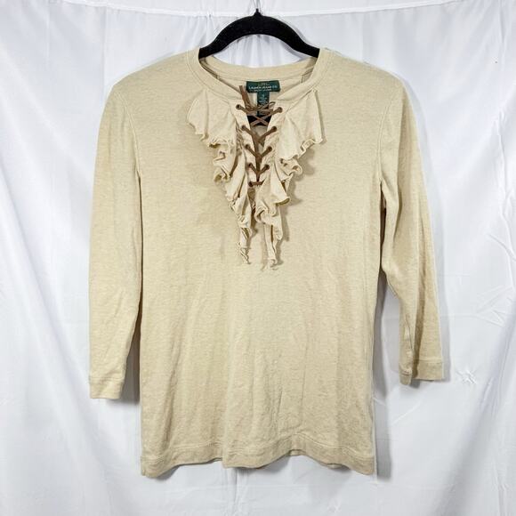 Lauren Ralph Lauren Plus Size 3/4 Sleeve Taupe Ruffle Front Blouse Top Sz S - Picture 1 of 4